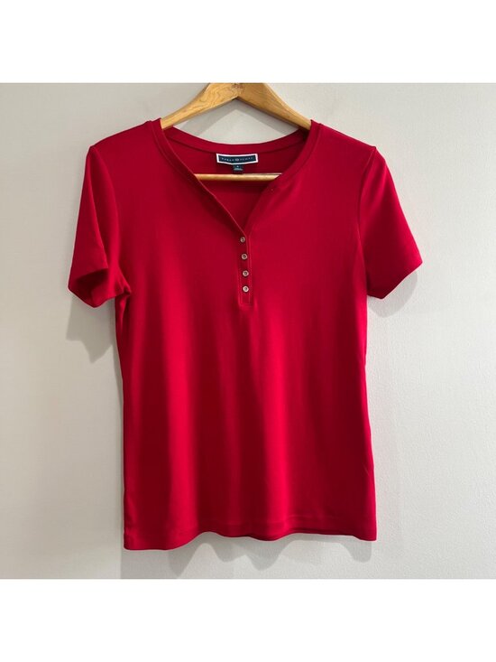 Karen Scott Tops - Karen Scott Henley Top Womens S Red V-Neck Short Sleeve 100% Cotton